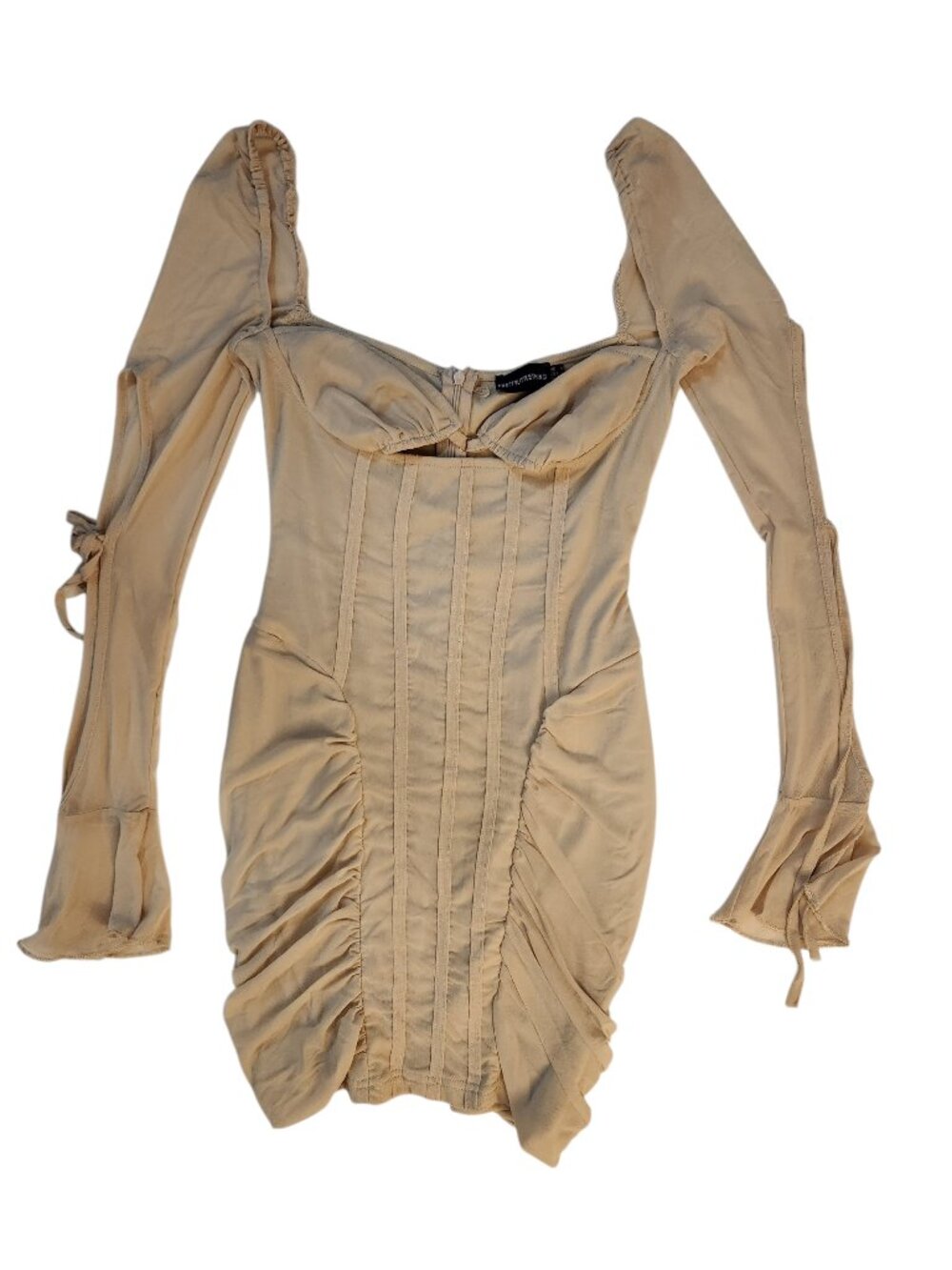 Prettylittlething Mini Corset Bralet Dress Size 4 Long Sleeve Beige Zipper